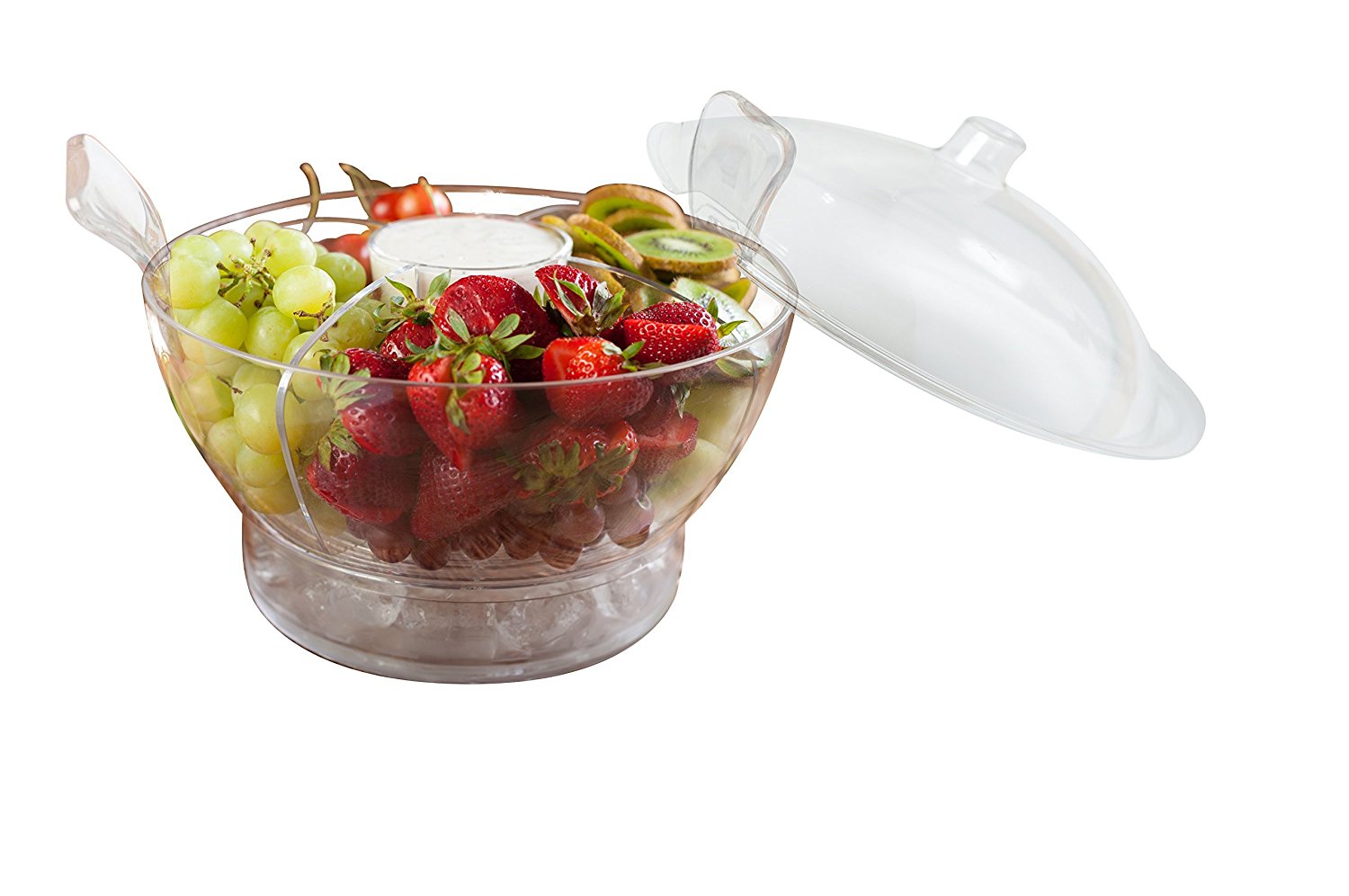 Chilled salad bowl on ice with spoon and fork 